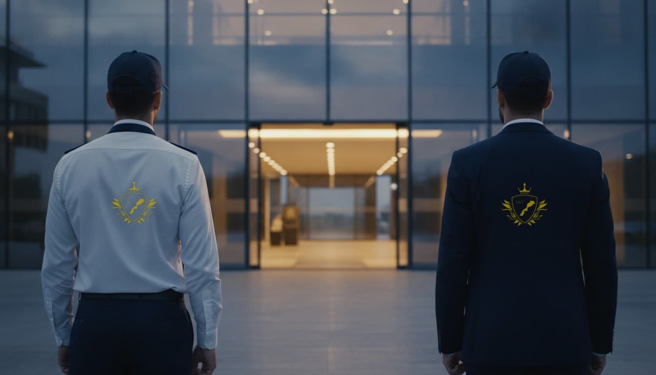 Agents Static Guard Services en faction à l'entrée d'un site professionnel
