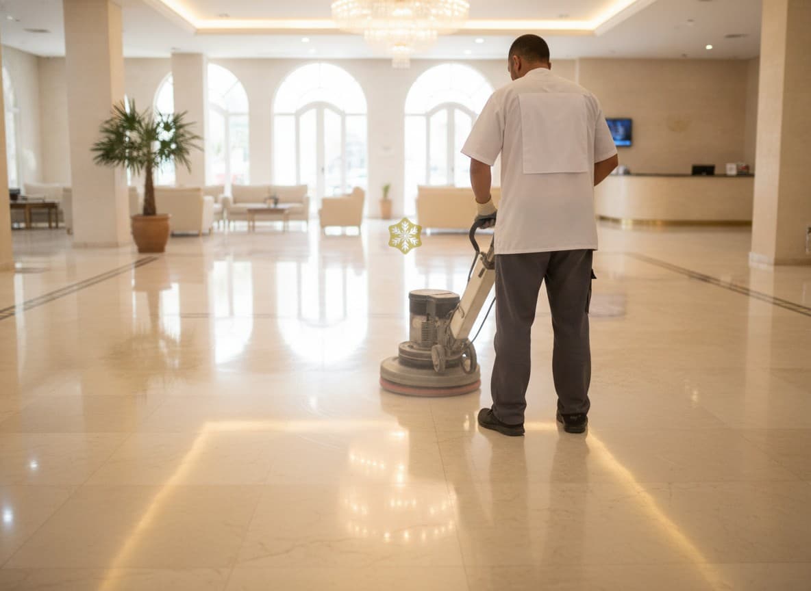Technicien Snow White Solutions lustrant un sol à la monobrosse après travaux
